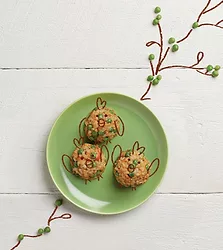 Baked rice balls with salmon and peas