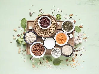 Lentils greens mushrooms seeds vegetables