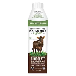 Maple hill reduced sugar choc milk front of pack