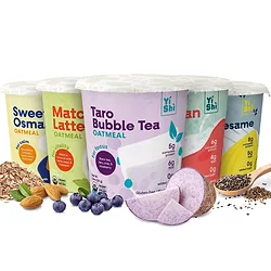 Yishi foods variety pack oatmeal asian inspired chinese japanese korean breakfast instant wholefoods black sesame matcha redbean taro osmanthus cup 1