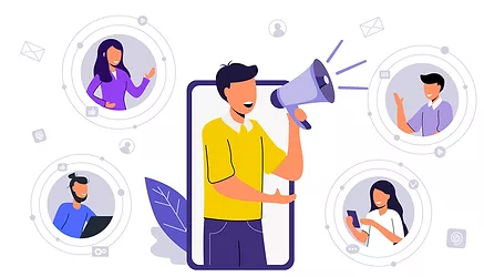 Influencer or social marketing banner Man employer in laptop shout in loud speaker and recruit new employees Social media account promotion, audience or followers growth SMM banner Landing page Flyer