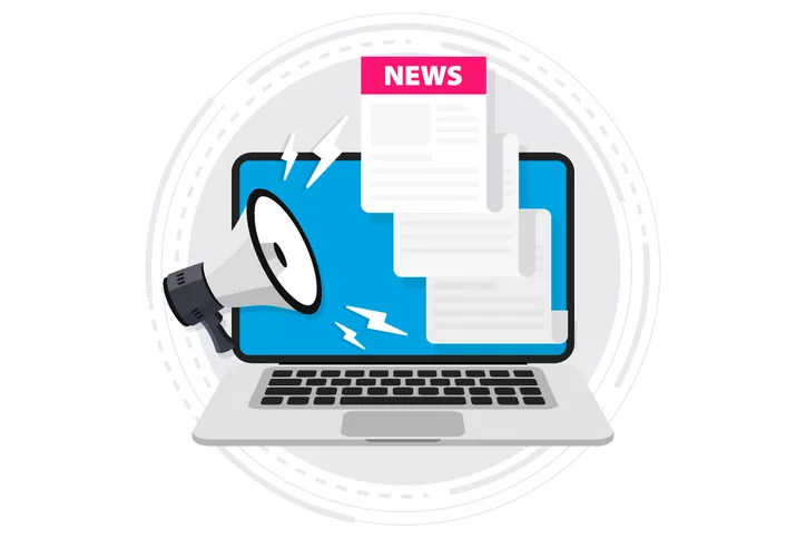 News microphone laptop blue and pink graphic
