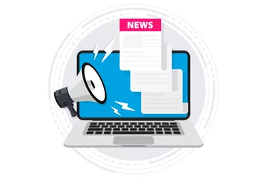 News microphone laptop blue and pink graphic