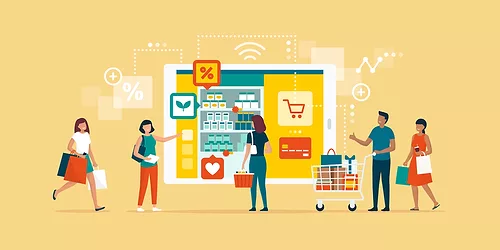 grocery store cartoon yellow background icons people cart.jpg