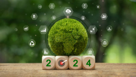 New year 2024, Green business, enviromental sustainability target. 2024 written on wooden cubes with goal icon. Goals,plan,opportunity.