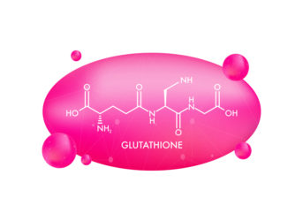 Glutathione chemical formula. Reduced glutathione, GSH. Vitamin solution complex. Vector stock illustration
