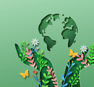 Green people hand papercut illustration with plant leaf, flower garden and planet earth. Eco-friendly lifestyle, nature connection or environmental concept. 3d natural cutout background.