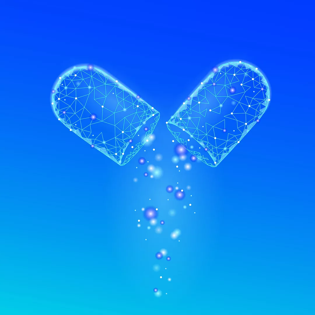 Banner blue glowing medicament prebiotic probiotic ball health care cure illness.