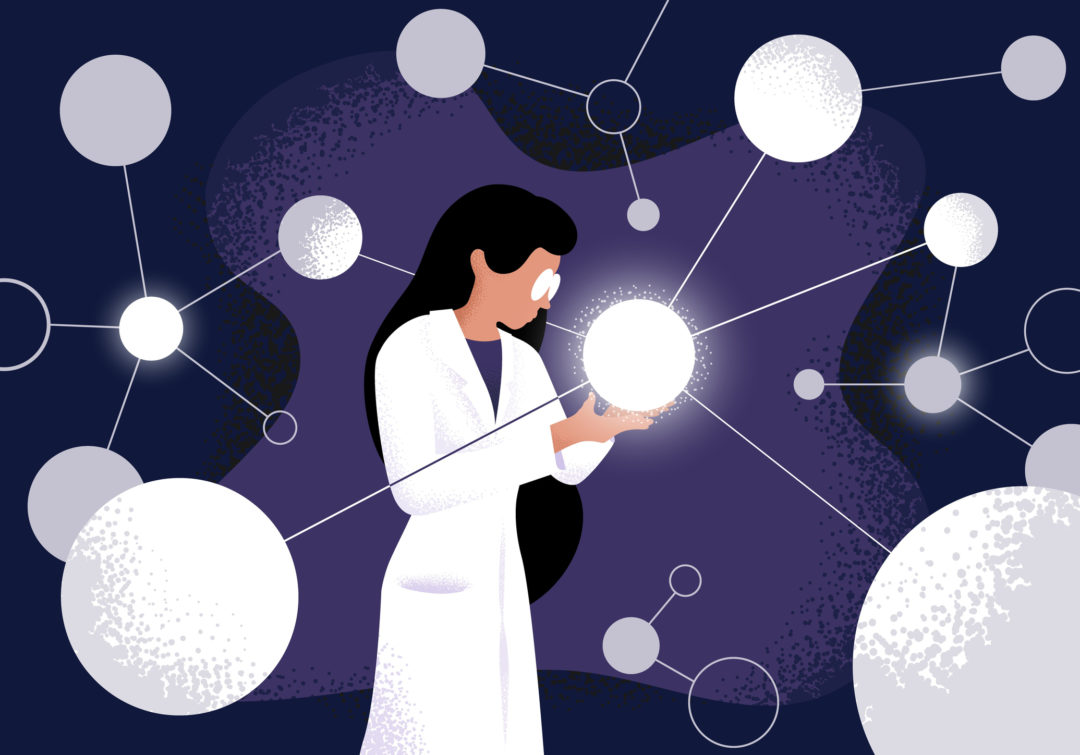 Female scientist in lab coat checking artificial neurons connected into neural network. Scientific research. Vector illustration 