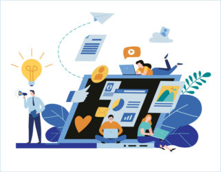 Engaging content marketing. vector illustration business concept.mix social media sharing.flat advert banner design presentation website template background