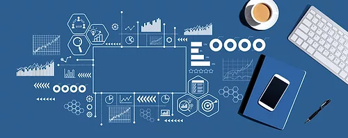 Business theme content marketing search with a computer keyboard and office items