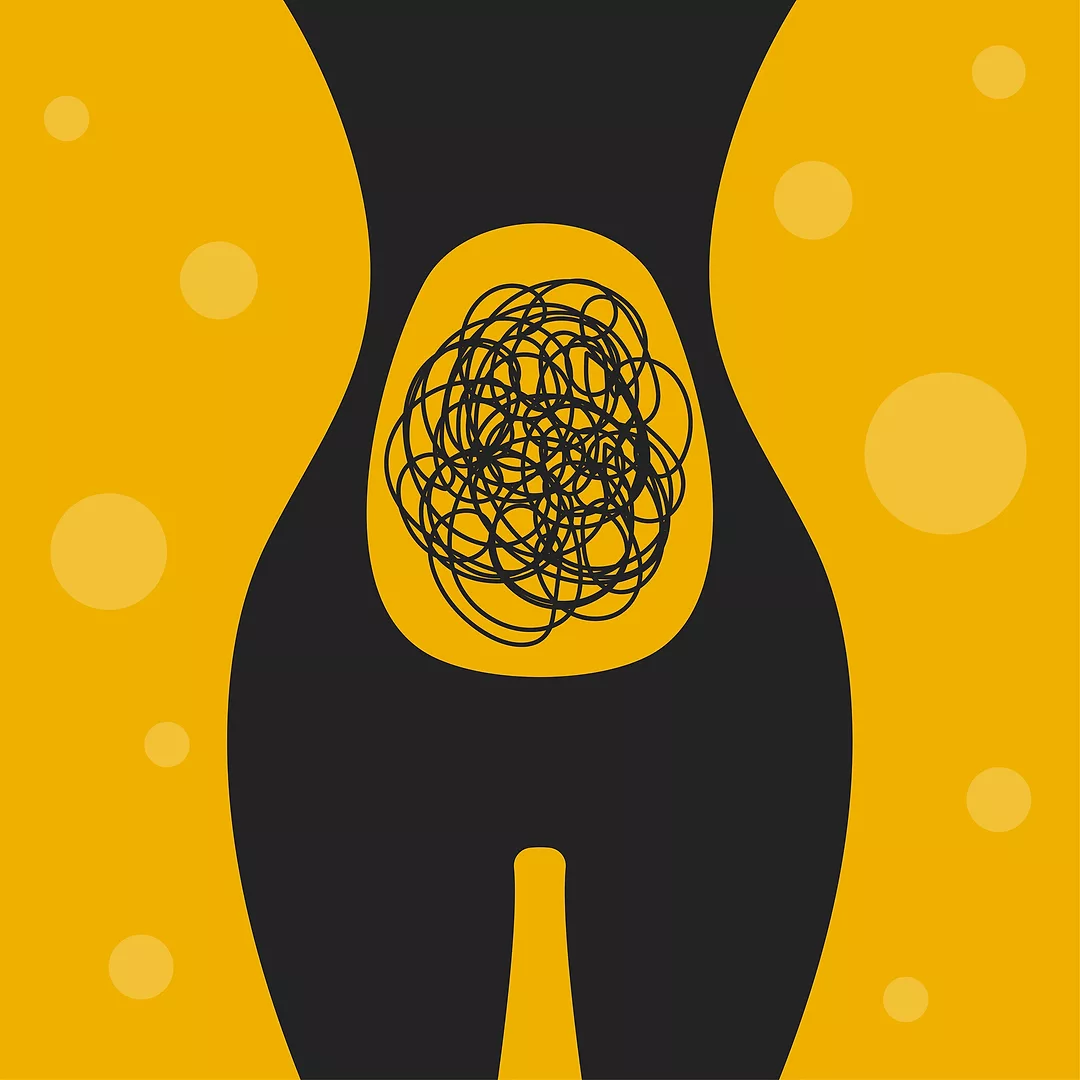 female body Vector illustration suggesting bloating, gases in intestine, discomfort.