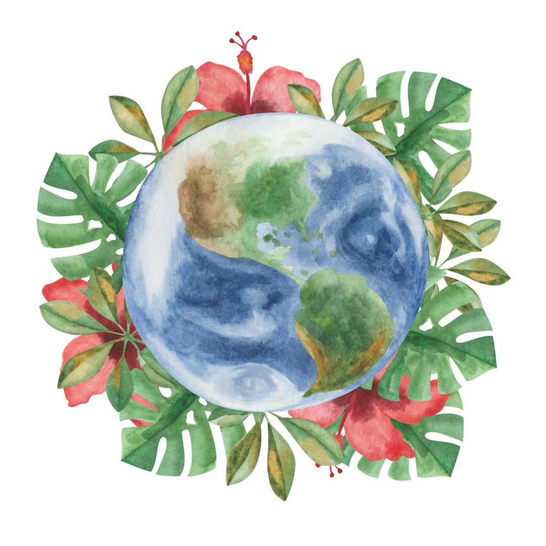 Watercolor illustration of hand painted planet Earth with red tropical hibiscus rose flower, green monstera and schefflera leaves. Blue oceans, seas, mountains, continents. Sustainability. Planetary Health.