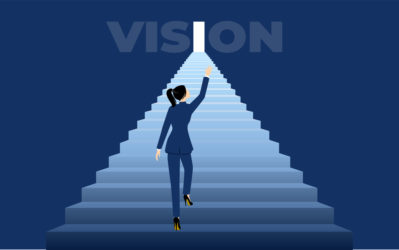 Businesswoman climbing the stairs toward her vision, success, progress, opportunity concept