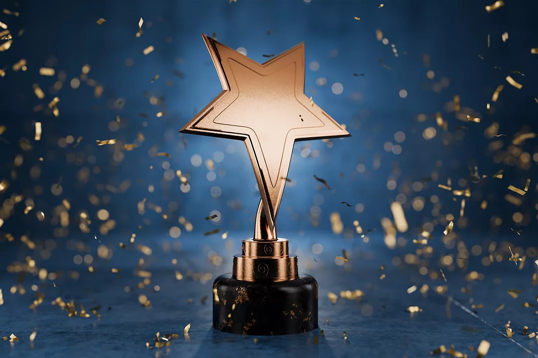Gold star on a blue background as a reward. Top Performance Award. Winners Cup. Achievements. Victory.