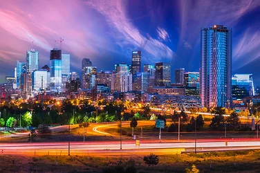 Beautiful Denver skyscraper at night, Denver, Colorado, USA. Downtown Denver Colorado at night.