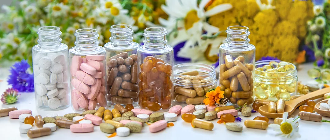 Dietary supplements from medicinal herbs. Selective focus. Nature.