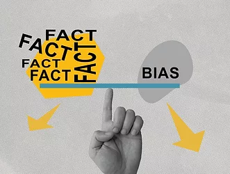 Collage with hand like scales and inscriptions fact and bias.