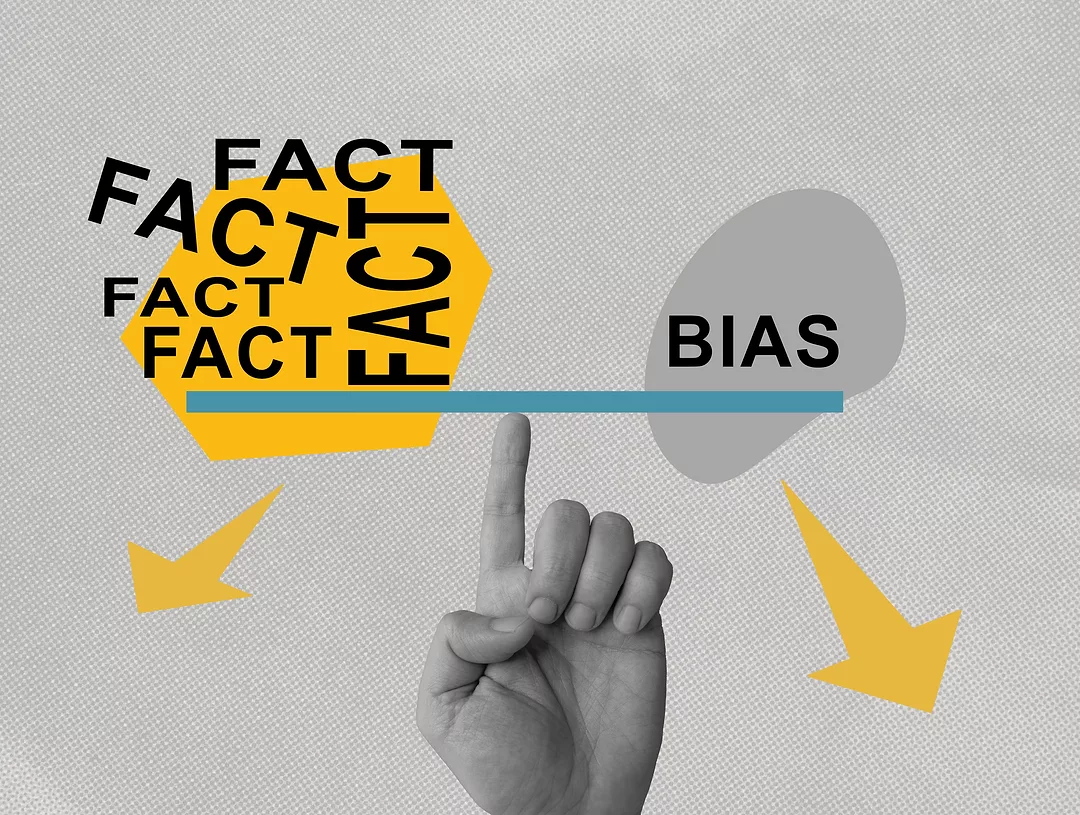 Collage with hand like scales and inscriptions fact and bias.