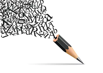 Concept of writing and literature with a pencil from which escapes the letters of the alphabet symbol of inspiration.