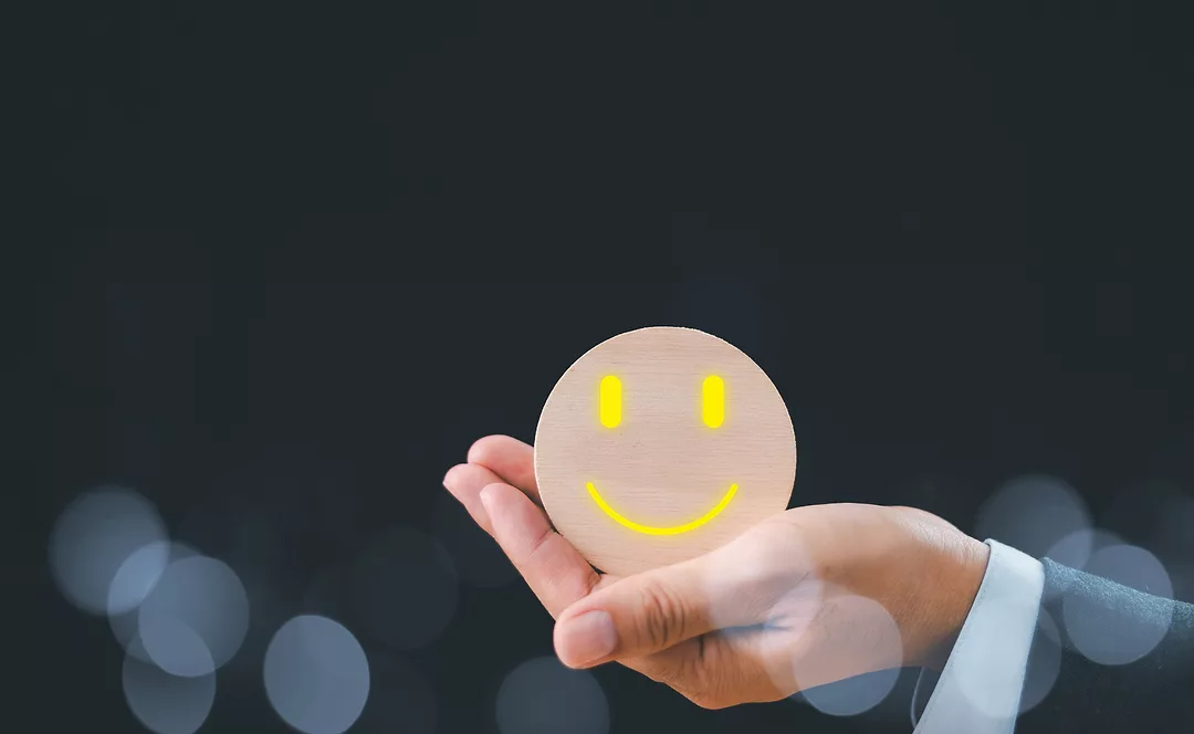 Employee wellbeing happy health, smile relax face.