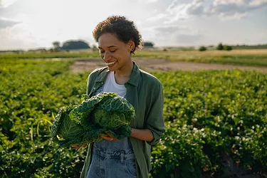 Woman agronomist standing with just harvested cabbages on the field background.