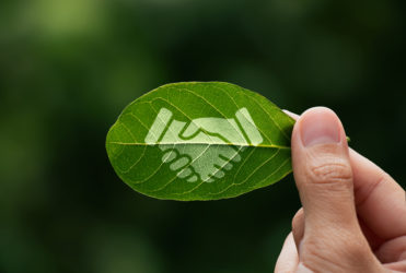 Hand of human is holding painted green leaf with handshake icon, environment social and governance or ESG, networking, business deals and supply chain management.