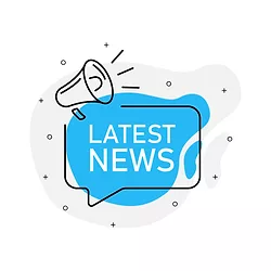 Latest news of marketing design badge with loudspeaker blue color. Vector illustration on white background.