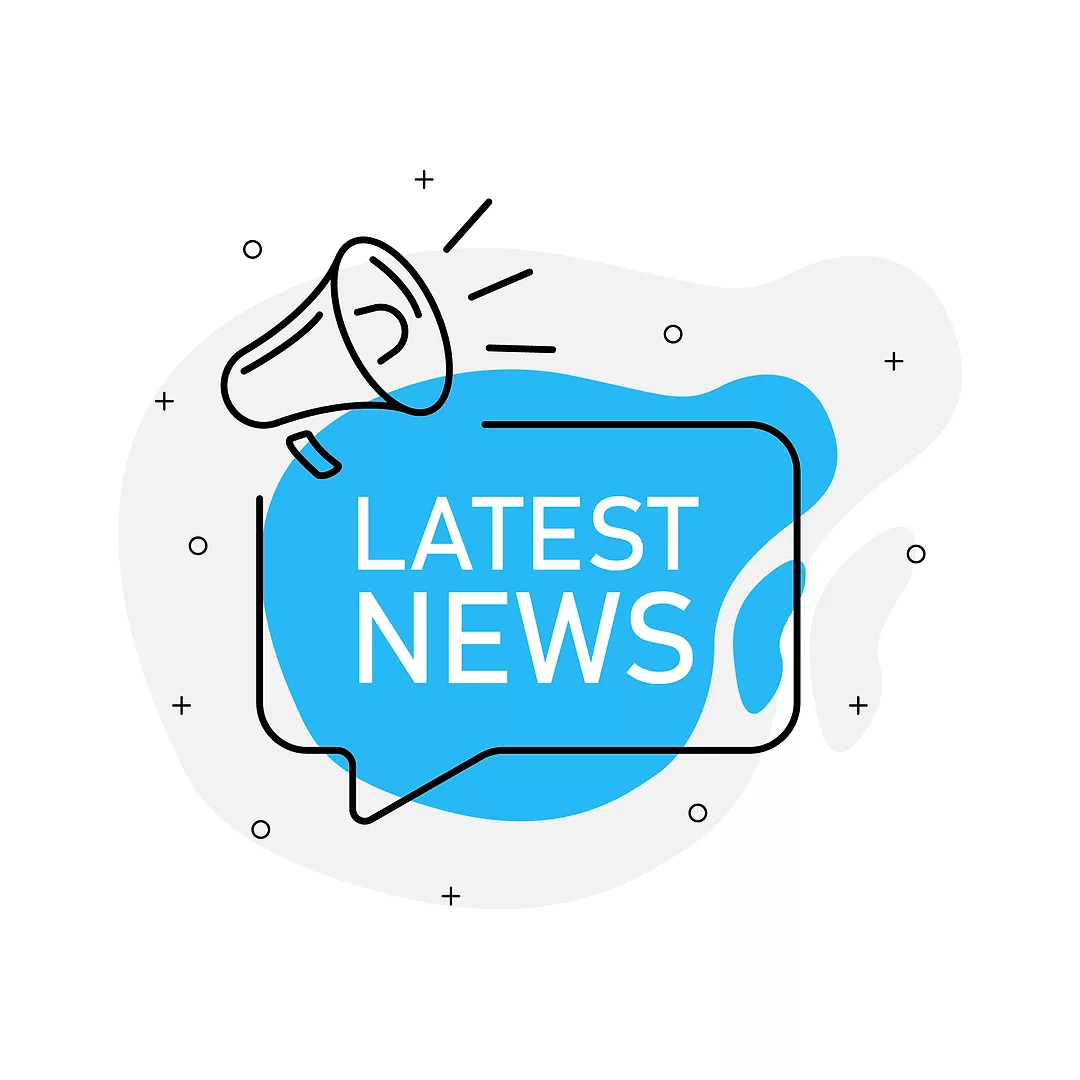 Latest news of marketing design badge with loudspeaker blue color. Vector illustration on white background.