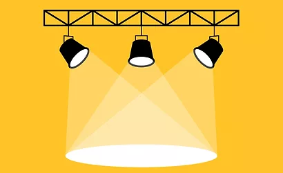 Vector stage with set of yellow spotlights. Show light. Empty pedestal for award ceremony or presentation. Spotlight vector background. Spotlight