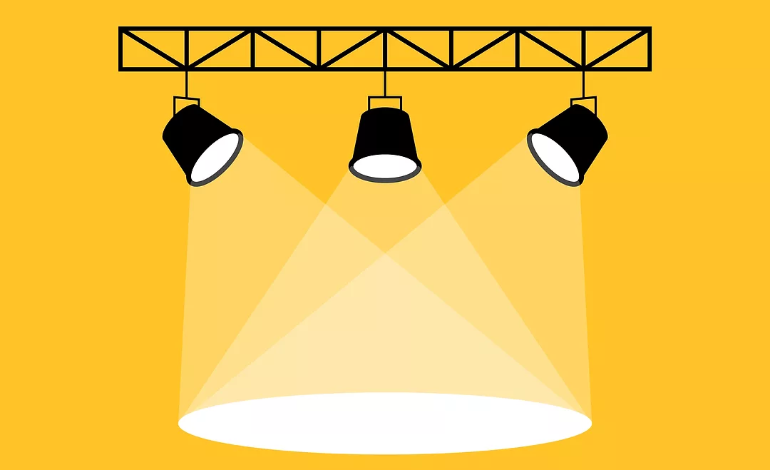 Vector stage with set of yellow spotlights. Show light. Empty pedestal for award ceremony or presentation. Spotlight vector background. Spotlight