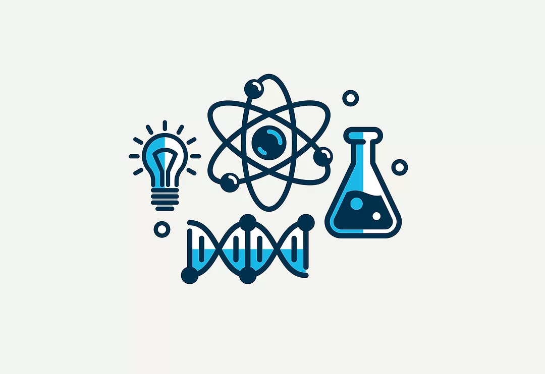 Chemistry vector detailed icon, science theme, laboratory flasks and microscopic molecules, pharmacology and biochemistry.
