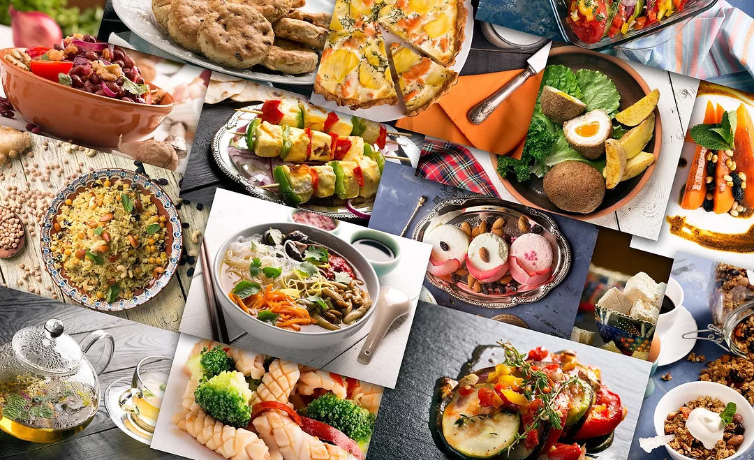 Different countries cuisine. Varied dishes prepared.