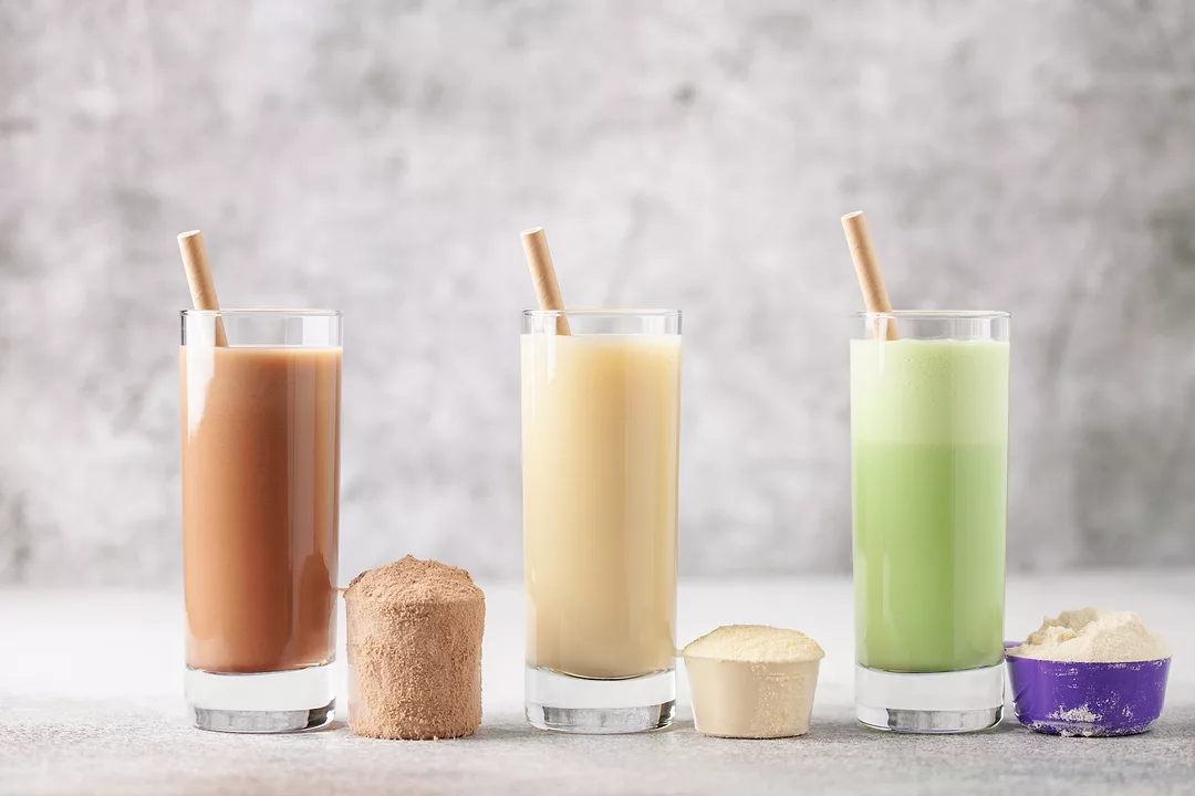 Various Protein sport shake and powder. Fitness food and drink.