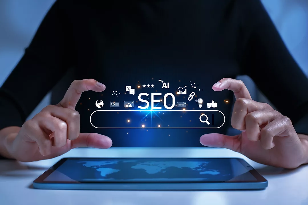Search bar shows SEO tools icons on your website with AI assistants, user analytics, content creation, and search algorithm improvements.