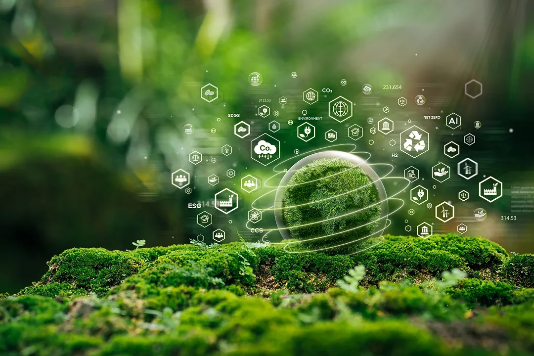 Green globe on the moss in the green forest Environmental concept, ecology and sustainable environment of the world. Icons scattered around green globe