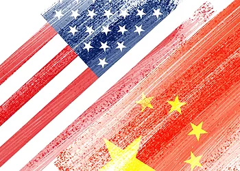 USA and China flag on white background which it symbol of United states of America and China economic tariff trade war crisis.