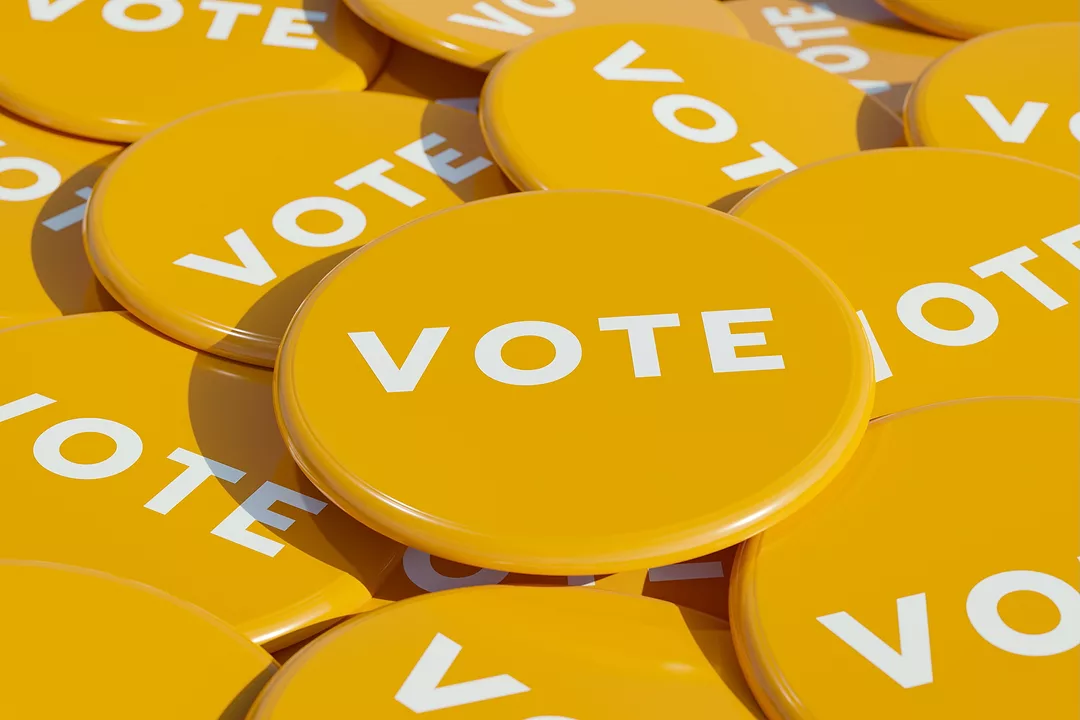 Election button in yellow. Badges for social or political campaigns. 3D illustration