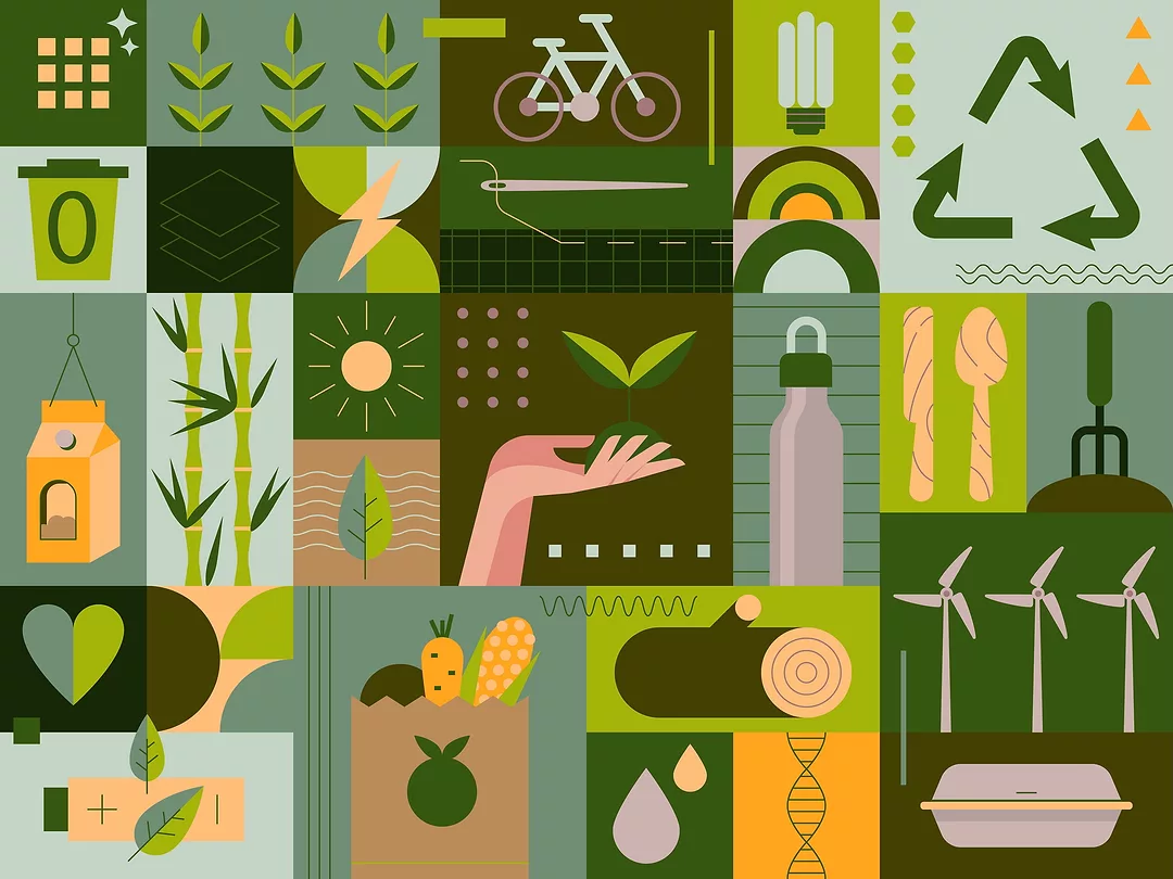 Sustainability at home. Zero-waste shopping, Recycling, Growing food, Renewable energy, Creating green spaces, Ways to fight climate change