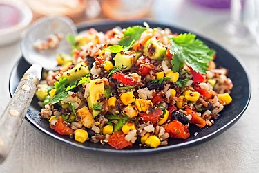 Example of longevity-promoting food synergy with corn, beans, rice and avocado,