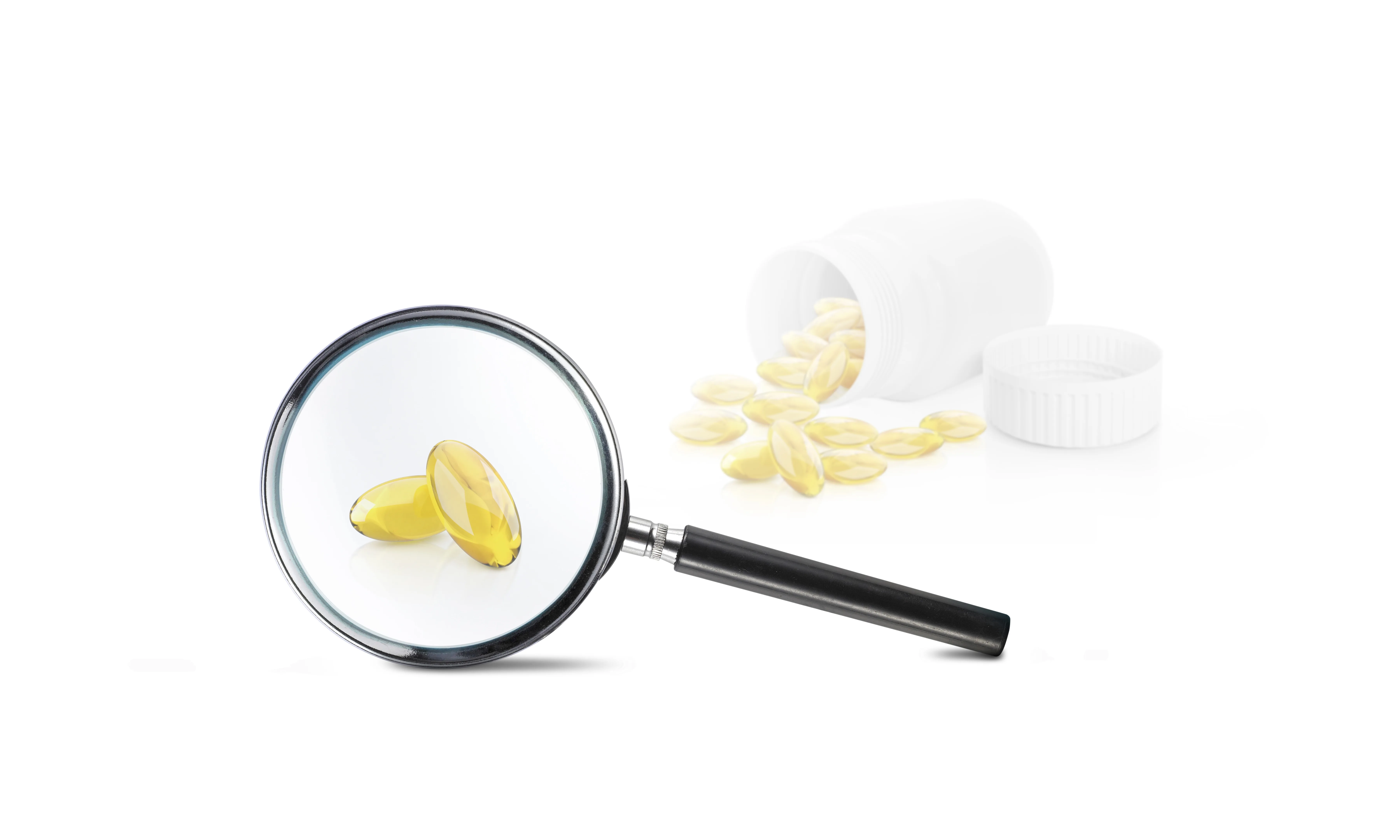 Supplements shown under a magnifying glass, symbolizing increased scrutiny of regulatory oversight and product transparency in the dietary supplement marketplace.