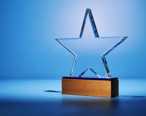 Award-Winner-GettyImages-2255269239.jpg Crystal star shape trophy against blue background